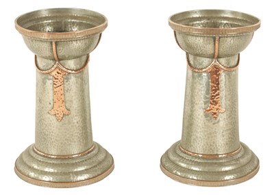 Lot 529 - A PAIR OF ARTS AND CRAFTS PEWTER AND COPPER VASES