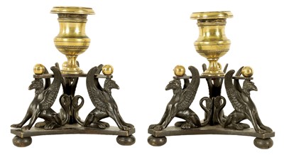 Lot 528 - A PAIR OF REGENCY BRASS AND BRONZE WILLIAM CHAMBERS' STYLE CANDLESTICKS