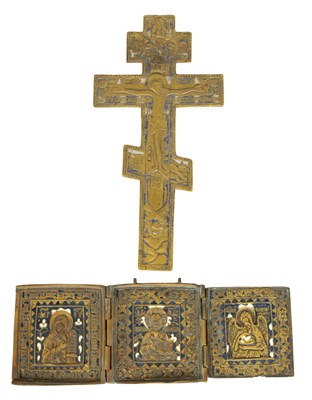 Lot 462 - A RUSSIAN BRONZE AND ENAMEL CRUCIFIX TOGETHER WITH A BRONZE AND ENAMEL TRIPTYCH