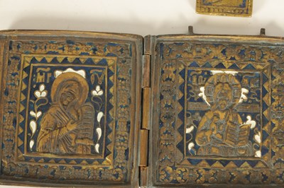 Lot 462 - A RUSSIAN BRONZE AND ENAMEL CRUCIFIX TOGETHER WITH A BRONZE AND ENAMEL TRIPTYCH