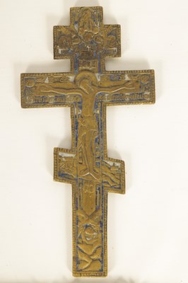 Lot 462 - A RUSSIAN BRONZE AND ENAMEL CRUCIFIX TOGETHER WITH A BRONZE AND ENAMEL TRIPTYCH