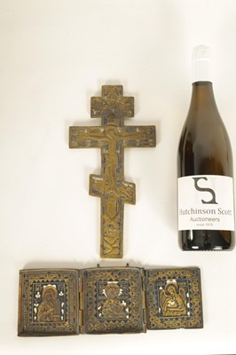 Lot 462 - A RUSSIAN BRONZE AND ENAMEL CRUCIFIX TOGETHER WITH A BRONZE AND ENAMEL TRIPTYCH