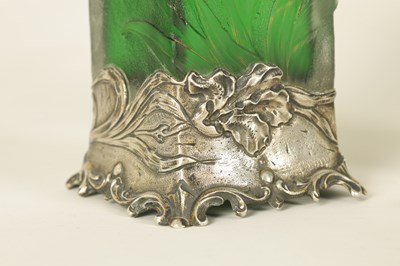 Lot 8 - A PAIR OF DAUM ART NOVEAU SQUARE GREEN GLASS VASES WITH SILVER METAL MOUNTS