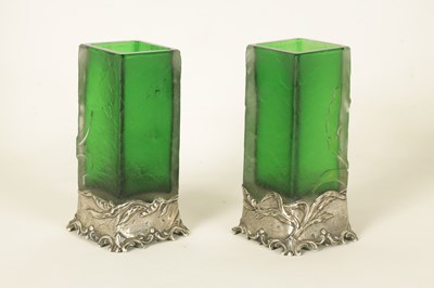 Lot 8 - A PAIR OF DAUM ART NOVEAU SQUARE GREEN GLASS VASES WITH SILVER METAL MOUNTS