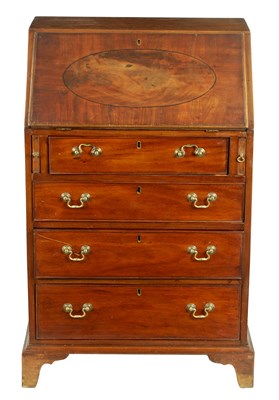 Lot 1121 - A 20TH CENTURY GEORGE III STYLE MAHOGANY BUREAU OF SMALL SIZE