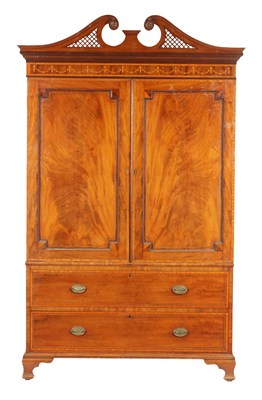 Lot 1337 - A LATE GEORGIAN SHERATON STYLE SATINWOOD CROSSBANDED AND INLAID MAHOGANY HANGING CLOTHES PRESS