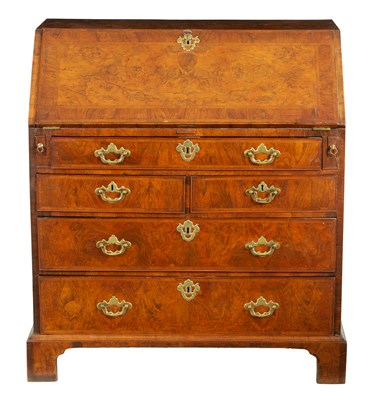 Lot 881 - AN 18TH CENTURY CROSS AND HERRINGBANDED FIGURED BURR WALNUT FALL FRONT BUREAU