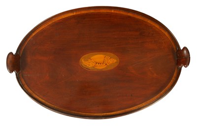 Lot 1389 - A 19TH CENTURY SHERATON STYLE SATINWOOD CROSSBANDED AND SHELL INLAID FIGURED MAHOGANY OVAL TRAY