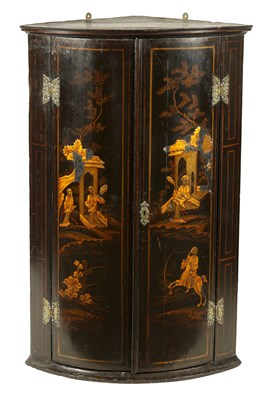 Lot 74 - A GEORGE III BLACK LACQUER AND CHINOISERIE HANGING BOWFRONT CORNER CUPBOARD