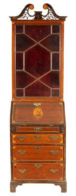 Lot 825 - AN EDWARDIAN SATINWOOD CROSSBANDED AND INLAID MAHOGANY BUREAU BOOKCASE OF SMALL SIZE