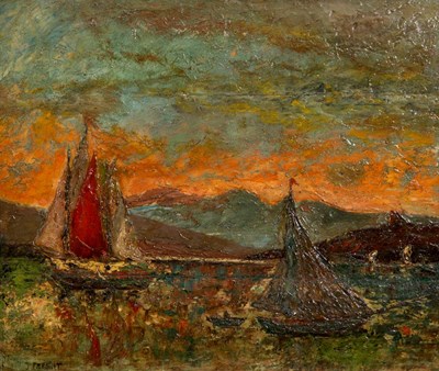 Lot 445 - J. FRESNET 
 OIL ON PANEL Sail boats in a...