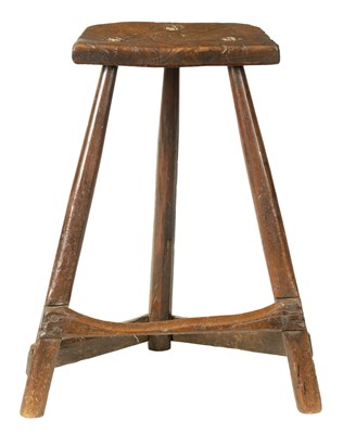 Lot 850 - AN UNUSUAL EARLY 18TH CENTURY PRIMITIVE ELM HIGH STOOL