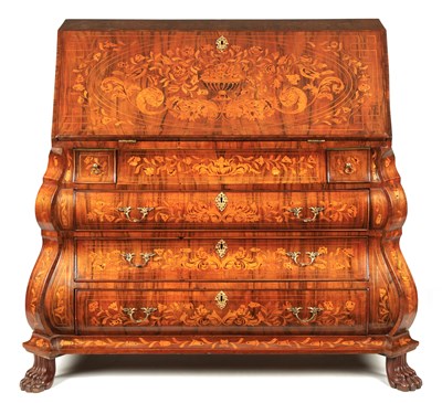 Lot 960 - AN 18TH CENTURY DUTCH MARQUETRY BOMBE-SHAPED BUREAU