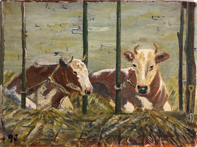 Lot 472 - OIL ON CANVAS TWO COWS IN STABLE 38cm high...