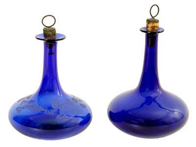 Lot 1066 - TWO 19TH CENTURY BRISTOL BLUE SPIRIT DECANTERS WITH STOPPERS