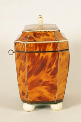 Lot 582 - A REGENCY TORTOISESHELL AND IVORY BANDED SARCOPHAGUS TEA CADDY