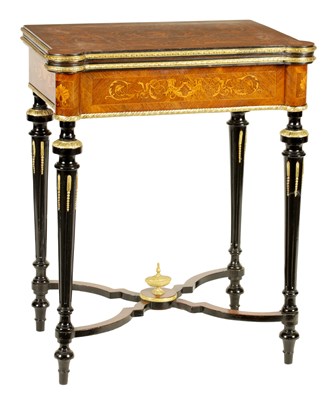 Lot 880 - A MID 19TH CENTURY MARQUETRY INLAID WALNUT AND EBONISED ORMOLU MOUNTED CARD TABLE