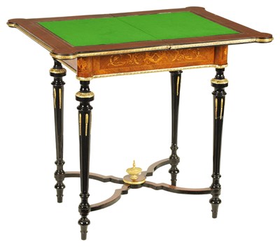 Lot 880 - A MID 19TH CENTURY MARQUETRY INLAID WALNUT AND EBONISED ORMOLU MOUNTED CARD TABLE