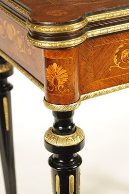Lot 880 - A MID 19TH CENTURY MARQUETRY INLAID WALNUT AND EBONISED ORMOLU MOUNTED CARD TABLE