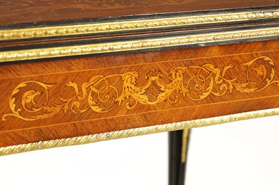 Lot 880 - A MID 19TH CENTURY MARQUETRY INLAID WALNUT AND EBONISED ORMOLU MOUNTED CARD TABLE