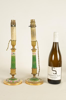Lot 64 - A PAIR OF EARLY 19TH CENTURY FRENCH EMPIRE ORMOLU MOUNTED GREEN PORCELAIN CANDLESTICKS