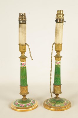 Lot 64 - A PAIR OF EARLY 19TH CENTURY FRENCH EMPIRE ORMOLU MOUNTED GREEN PORCELAIN CANDLESTICKS