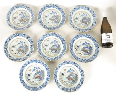 Lot 154 - A SET OF 6, 18TH CENTURY CHINESE BLUE GROUND AND POLYCHROME  PLATES AND A PAIR OF SOUP DISHES