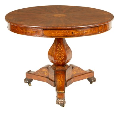 Lot 1020 - A 19TH CENTURY FRENCH EMPIRE INLAID FLAME MAHOGANY DRUM TABLE