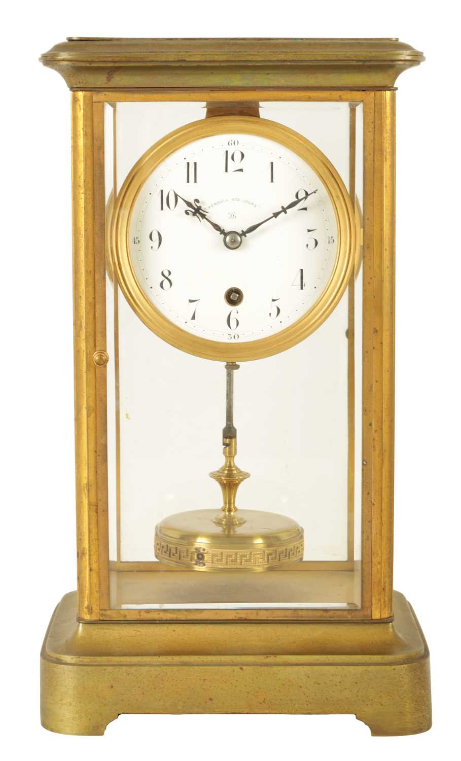 Lot 216 - CLAUDE GRIVOLAS. A LARGE EARLY 20TH CENTURY BRASS CASED FOUR GLASS 400 DAY MANTEL CLOCK