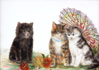 Lot 457 - BESSIE BAMBER OIL ON OPALINE GLASS kittens...