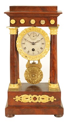 Lot 988 - A SMALL MID 19TH CENTURY FRENCH ORMOLU MOUNTED MAHOGANY PORTICO MANTEL CLOCK