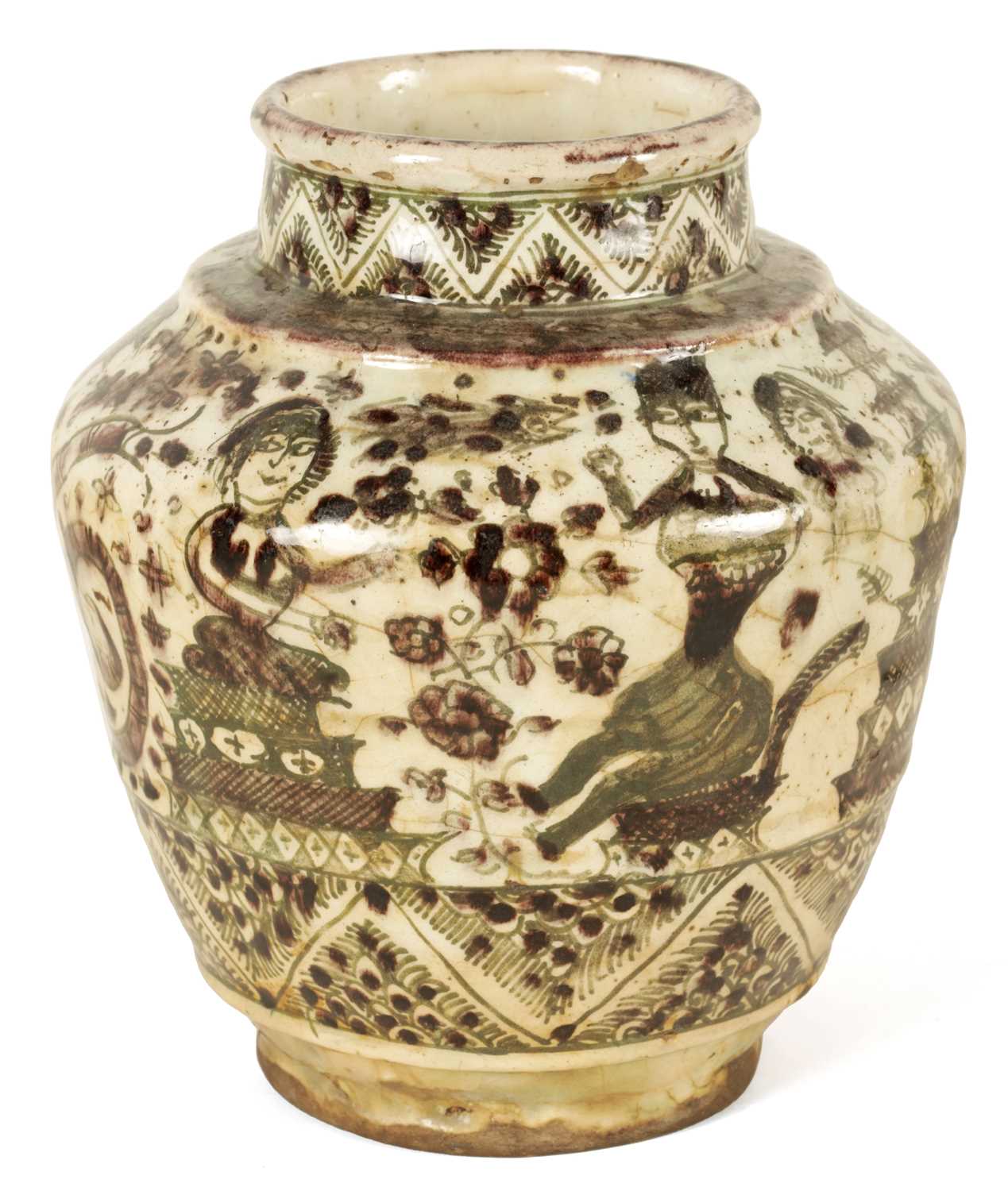 Lot 110 - AN EARLY PERSIAN GLAZED EARTHENWARE SHOULDERED VASE