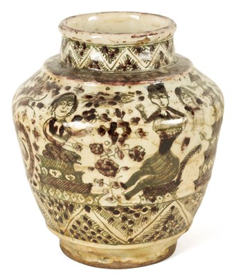 Lot 35 - AN EARLY PERSIAN GLAZED EARTHENWARE SHOULDERED VASE