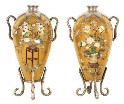 Lot 148 - A GOOD PAIR OF LATE 19TH CENTURY JAPANESE MEIJI GILT LACQUER AND SILVER MOUNTED CABINET VASES