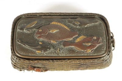 Lot 141 - A LATE 19TH CENTURY JAPANESE MEIJI MIXED METAL INK STAND FORMED AS A FISHING BASKET