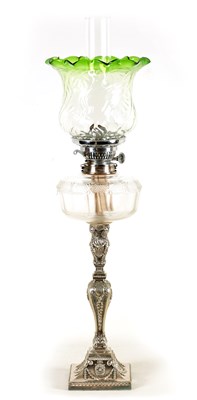 Lot 429 - A 19TH CENTURY SILVER PLATED OIL LAMP