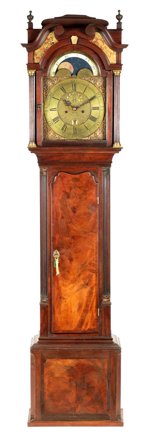 Lot 700 - WILLIAM HALLIWELL, CHORLEY. A GEORGE III FIGURED MAHOGANY LONGCASE CLOCK