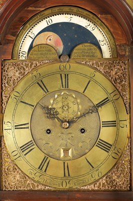 Lot 700 - WILLIAM HALLIWELL, CHORLEY. A GEORGE III FIGURED MAHOGANY LONGCASE CLOCK