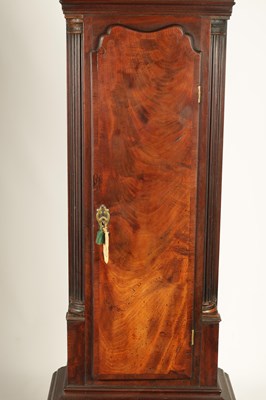 Lot 700 - WILLIAM HALLIWELL, CHORLEY. A GEORGE III FIGURED MAHOGANY LONGCASE CLOCK