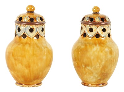 Lot 31 - AN UNUSUAL PAIR OF EARLY 20TH CENTURY ROYAL DOULTON STONEWARE SHAKERS