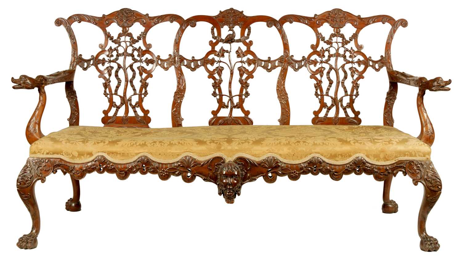 Lot 966 - AN EARLY 20TH CENTURY, MID 18TH CENTURY IRISH STYLE THREE SEATER CARVED MAHOGANY SETTEE