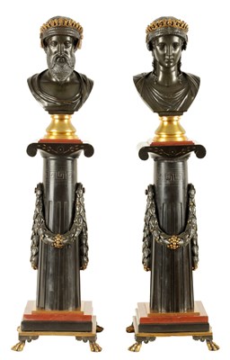 Lot 447 - A LARGE PAIR OF 19TH CENTURY EGYPTIAN REVIVAL BRONZE AND MARBLE COLUMNS