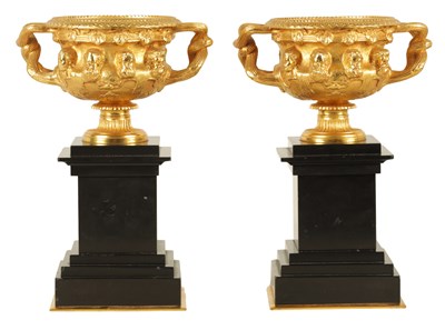 Lot 468 - A PAIR OF 19TH CENTURY GILT BRONZE WARWICK VASES