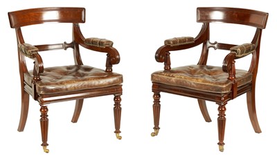 Lot 896 - A GOOD PAIR OF REGENCY STYLE MAHOGANY DESK CHAIRS IN THE MANNER OF GILLOWS