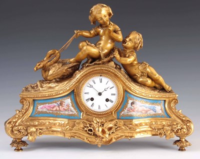 Lot 1424 - A LATE 19TH CENTURY FRENCH ORMOLU AND PORCELAIN PANELLED FIGURAL MANTEL CLOCK