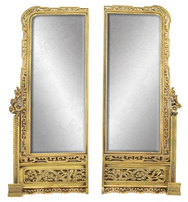 Lot 905 - A DECORATIVE PAIR OF LATE 19TH CENTURY GILT BRONZE FRENCH JAPANESE STYLE MIRRORS