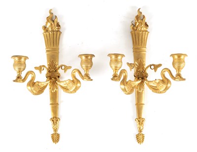 Lot 445 - A PAIR OF 20TH CENTURY FRENCH EMPIRE STYLE ORMOLU TWO BRANCH CANDELABRA