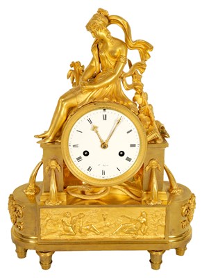 Lot 1036 - AN EARLY 19TH CENTURY FRENCH EMPIRE ORMOLU FIGURAL MANTEL CLOCK