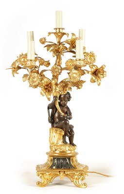 Lot 444 - A 19TH CENTURY BRONZE AND ORMOLU FRENCH FIVE BRANCH FIGURAL LAMP