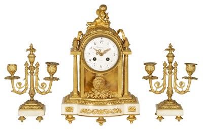 Lot 1274 - A 19TH CENTURY FRENCH ORMOLU AND WHITE MARBLE CLOCK GARNITURE